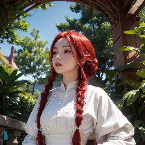 best quality, masterpiece, ruby red hair, emerald eyes,white clothes, looking up, upper body,hair strand,Fair skin,side braids.