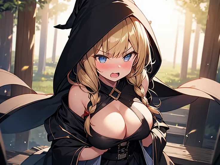 Masterpiece, Top quality, 1 beautiful girl, Blonde, medium Hair, Braided hair, wavy Hair, blunt bangs, 15 year old, standard weight, (medium breasts :1.2), topless, show off nipple, (very large dark sorceress long robe with hood), pleated skirt, (witch hat...