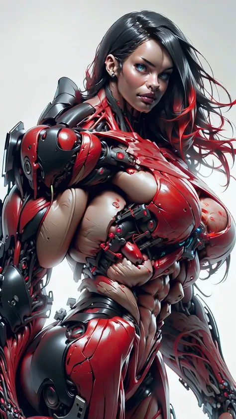 (1 girl), (megan fox:1.25), (muscular android girl wearing a black red anatomic bio-mecha cybernetic muscle suit:1.25), (wide shoulders:1.25), (muscular defined physique:1.25), (large muscular breasts:1.25), perfect clawed hands, (very long hair:1.25), loo...