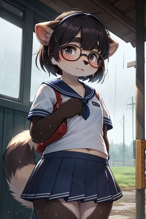 focus face , hairy raccoon dog Short stature girl , realistic hairy fur , round face , (tilt face:1.2) , geek , (half-open eyes) , Swollen cheeks , glossy lips , flat chest , eyewear, neat white sailor uniform  , (Faintly visible black sports bra:0.91) , n...