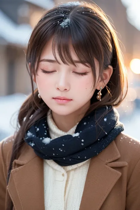 one girl, (a beauty girl, delicate girl:1.3), (18-year-old:1.3),photograph、
break, software, ((close your eyes:1.8))(scarf, :1.3),blush、blush your cheeks、Earrings、
break, (Symmetrical eyes:1.3),Station platform at night、illumination、
break, (Snow Scene:1.3...