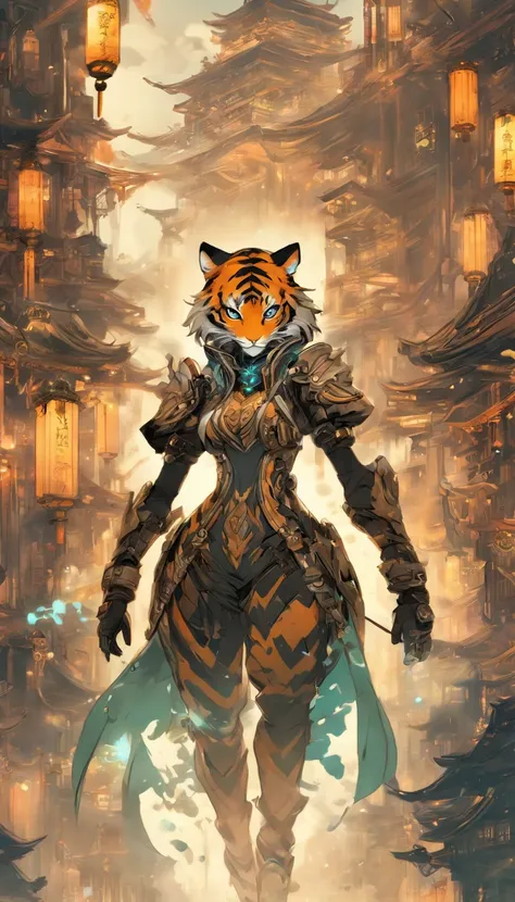 Chinese ink style，Steampunk world，Tiger-shaped steampunk warframe girl，Jet steam is suspended in the city air，Ink animation art，Ink comic art，water ink，ink，Smudge，8K，Delicately portrayed，Works of masters，Black and white tones