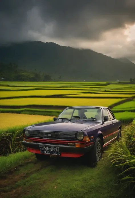 Create a video jdm 90s cars at a rice field on indonesia