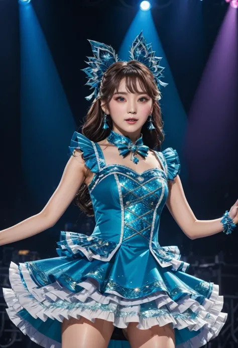 Idol Stage, idol dress, An idol performing on a vibrant stage, captivating the audience with their presence and talent, surrounded by an energetic crowd ((idol:1.1), live performance, vibrant atmosphere, stage lights, enthusiastic fans). The idol is dresse...