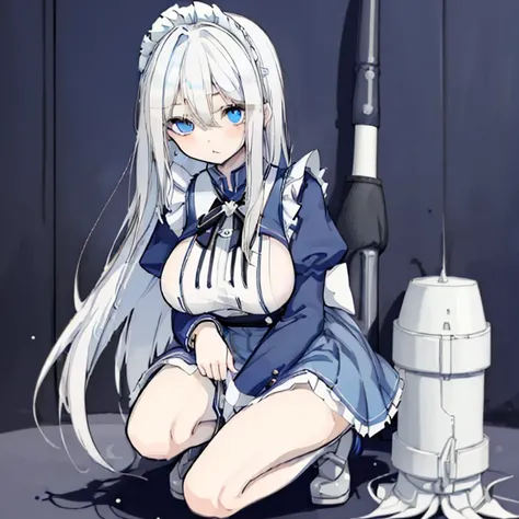 1 girl,Mature,Ample breasts,White Hair,Long Hair,Blue Eyes,Sharp Eyes,Maid clothes,Miniskirt,Knee-high,squat,Get down on one knee,Holding a big bazooka,Ready for battle,cool,A watchful expression,