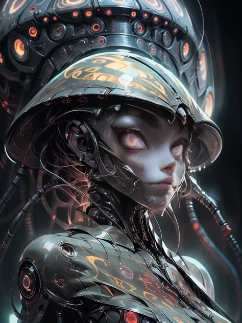 Topic prompt: "black, death scythe, hellish horror, view, torn clothes, looking down, illustrations, high resolution, ultra detail, dark fantasy, sharp focus, vibrant colors, dramatic lighting, bokeh." ". female robot pilot, mechanical creature, electronic...