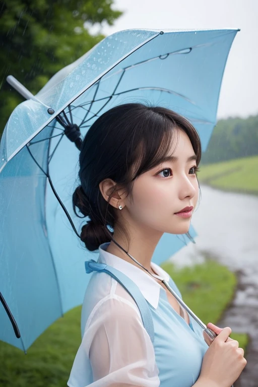 Woman in her late 20s、profile、Rain、Holding a light blue umbrella、Landscape、Bust 90cm、Upper body only、