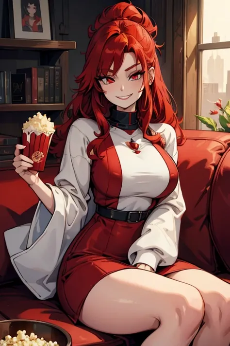 A red haired woman with red eyes with an hour glass figure in a sweatshirt dress is holding popcorn on the couch with a big smile