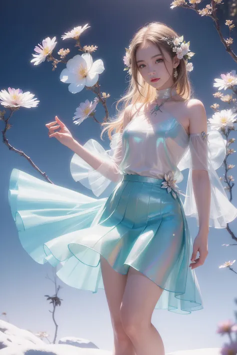 (((girl))，Long skirt，Iridescent colors，(Flower Fairy)，(Rich colors)，spring，Arthur effect, Transparent body, Gradient translucent glass melt, Caustics, Clear glass texture, Iridescent colors, design：Dietrams, Simple, Shining in every detail, White backgroun...