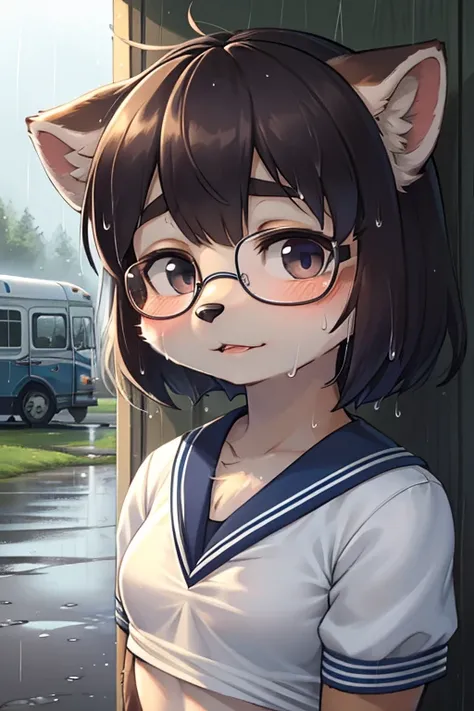 focus face , hairy raccoon dog Short stature girl , realistic hairy fur , round face , (tilt face:1.2) , geek , (half-open eyes) , Swollen cheeks , glossy lips , flat chest , eyewear, neat white sailor uniform  , (sports bra is faintly visible under unifor...