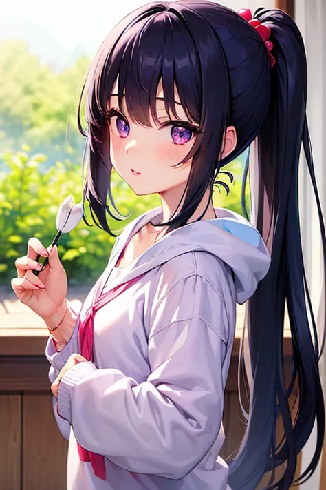 (best quality), (masterpiece), ((beautiful:0.75) cute girl:0.75), [clear and clean] pixiv (illustration), (roxy migurdia:1.25), blue eyes, red and little black hair, bangs, purple eyes, two ponytail left and right and long hair in the middle