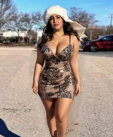 Very Low cut short dress, curvy, medium size breasts, curvy body, revealing cleavage, side breasts, revealing thighs, legs, Arab skin color, low cut shape dress, tight dress, short dress, low cut, wide waist, short dress, very short dress, saggy breasts, b...