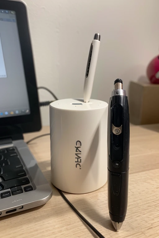 Create image of a device pen that writes down what it hears. It has a speaker and charging port