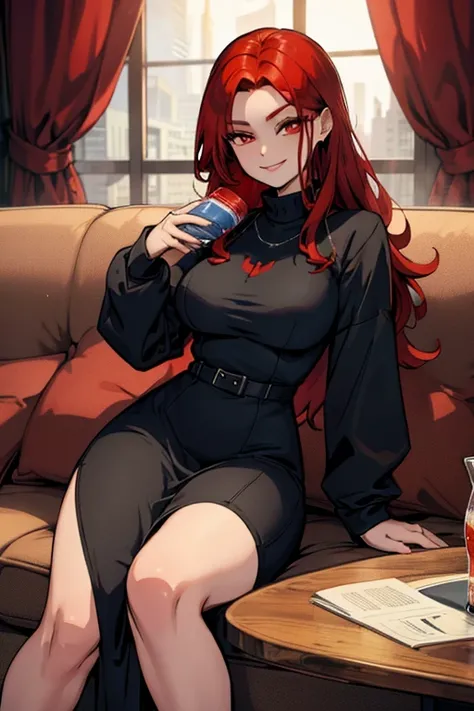 A red haired woman with red eyes with an hour glass figure in a sweatshirt dress is smiling with a soda on the couch