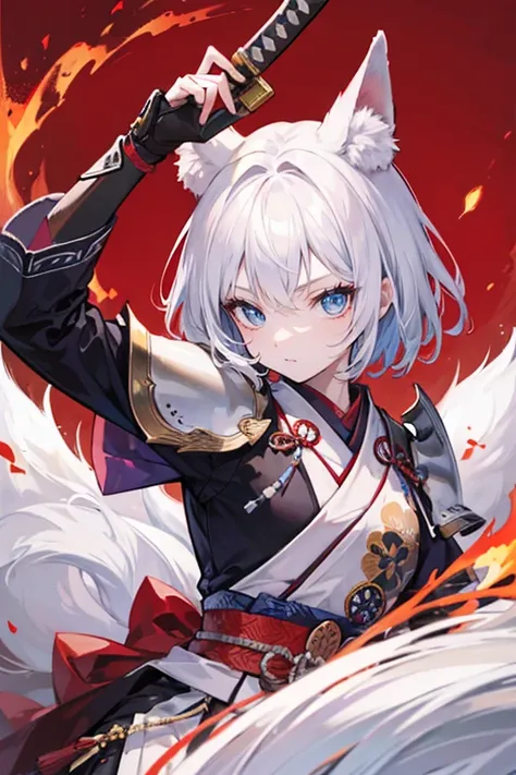 high qulity, tmasterpiece, ultra - detailed, White Fox Samurai, short detailed hair, mesmerizing eyes, Holding a katana, Japanese-style armor, fiery background