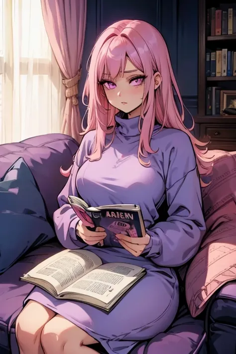 A pink haired woman with violet eyes with an hour glass figure in a sweatshirt dress is reading a magazine on the couch