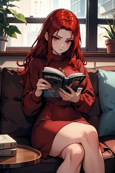 A red haired woman with red eyes with an hour glass figure in a sweatshirt dress is reading a magazine on the couch