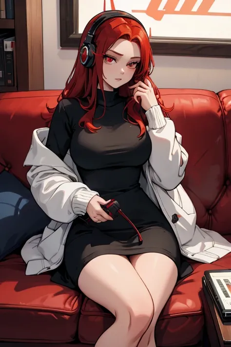 A red haired woman with red eyes with an hour glass figure in a sweatshirt dress is listening to music on the couch with headphones