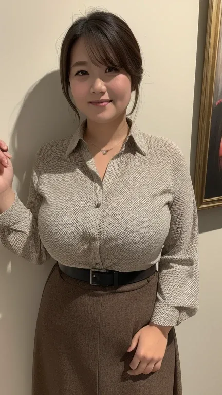 ((highest quality, 8k, masterpiece, Portraiture: 1.3)), (Observe the audience), (Full Shot:0.85), 魅力的なビジネスのMature Woman, 1 person, A little chubby:0.15,((light brown medium length))、 White collared shirt, Grey Skirt,Big Breasts,(Large pelvis:0.6), smile:0....