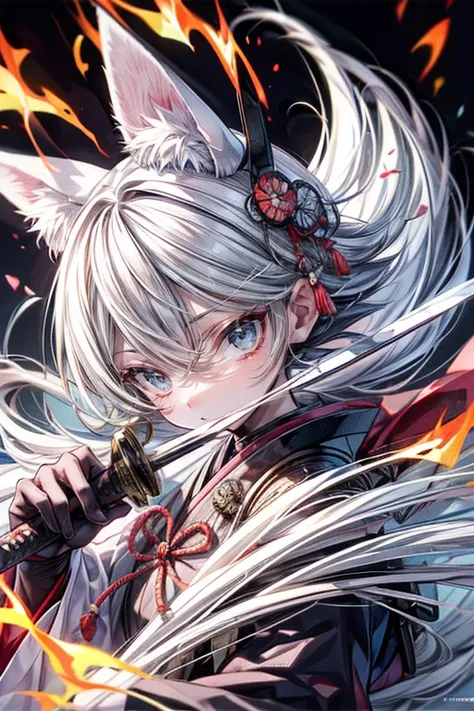 high qulity, tmasterpiece, ultra - detailed, White Fox Samurai, short detailed hair, mesmerizing eyes, Holding a katana, Japanese-style armor, fiery background