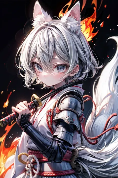 high qulity, tmasterpiece, ultra - detailed, White Fox Samurai, short detailed hair, mesmerizing eyes, Holding a katana, Japanese-style armor, fiery background