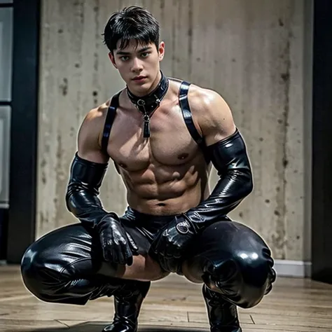 thin waist, wide shoulders，thick legs，short hair，Song Weilong wears a black latex suit and latex gloves，abdominal muscles，Full body appearance，chest muscles，sports student，no beard，Squats，no body hair，Black leather boots，no chest hair，No beard，Abdomen thru...