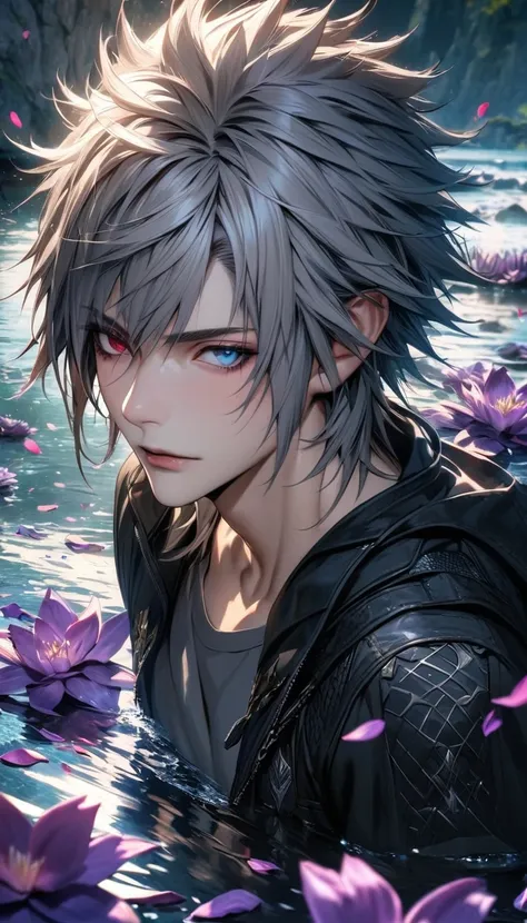 absurdres, highres, ultra detailed, HDR, masterpiece, extremely detailed face and eyes, extremely detailed features, Riku, gray spiky hair, heterochromia, left eye red, right eye blue, final fantasy xv, solo, sexy man, handsome, black jacket, gray shirt, w...