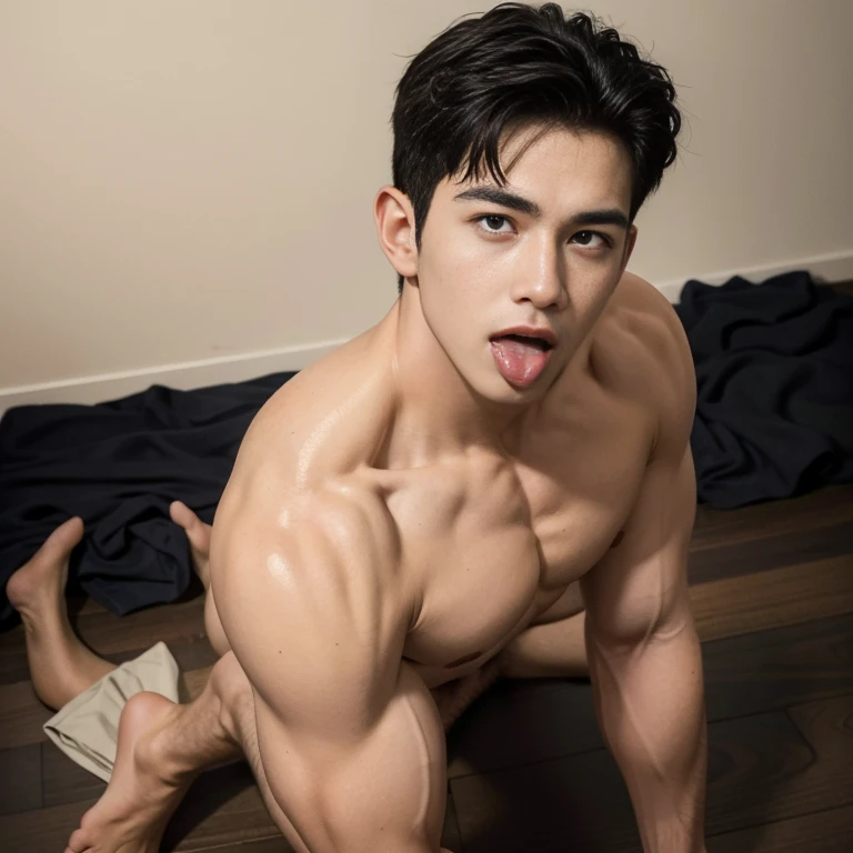 (masterpiece), (front view), (detailed face),(perfect body), clearpicture, goodquality, realistic, muscular, sextra short hair boy, naked, tongue out, all fours , handsome boy ， only male , only boy , all four and from above 
