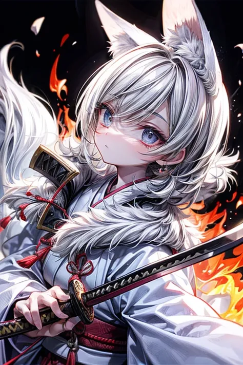 high qulity, tmasterpiece, ultra - detailed, White Fox Samurai, short detailed hair, mesmerizing eyes, Holding a katana, Japanese-style armor, fiery background