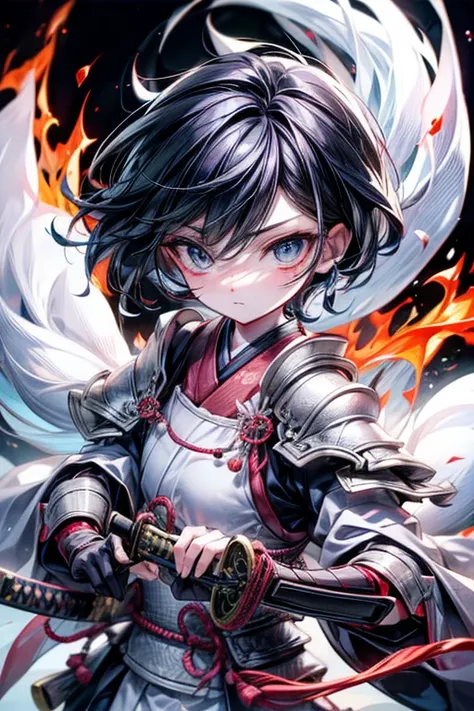 high qulity, tmasterpiece, ultra - detailed, White Fox Samurai, short detailed hair, mesmerizing eyes, Holding a katana, Japanese-style armor, fiery background