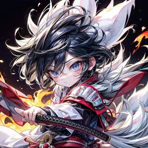 high qulity, tmasterpiece, ultra - detailed, White Fox Samurai, short detailed hair, mesmerizing eyes, Holding a katana, Japanese-style armor, fiery background