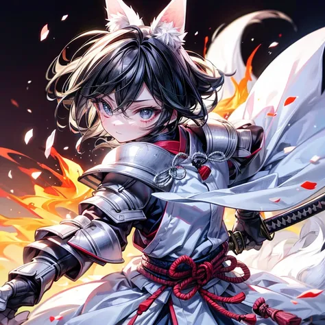 high qulity, tmasterpiece, ultra - detailed, White Fox Samurai, short detailed hair, mesmerizing eyes, Holding a katana, Japanese-style armor, fiery background