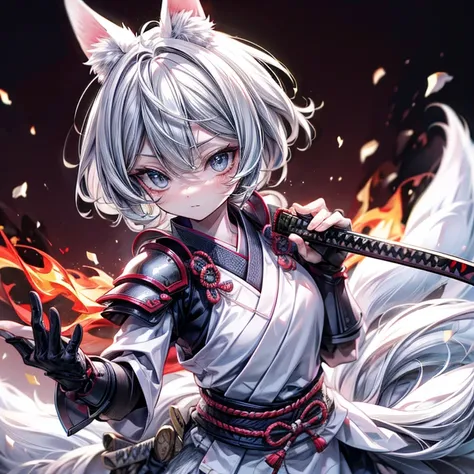 high qulity, tmasterpiece, ultra - detailed, White Fox Samurai, short detailed hair, mesmerizing eyes, Holding a katana, Japanese-style armor, fiery background