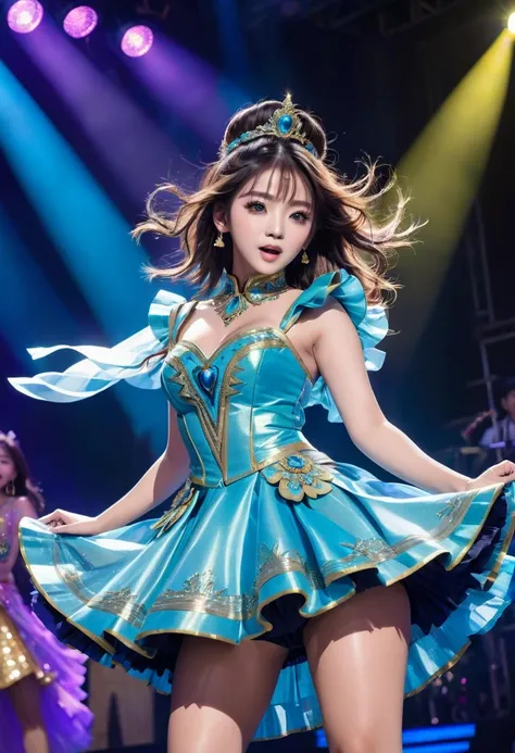 Idol Stage, idol dress, An idol performing on a vibrant stage, captivating the audience with their presence and talent, surrounded by an energetic crowd ((idol:1.1), live performance, vibrant atmosphere, stage lights, enthusiastic fans). The idol is dresse...