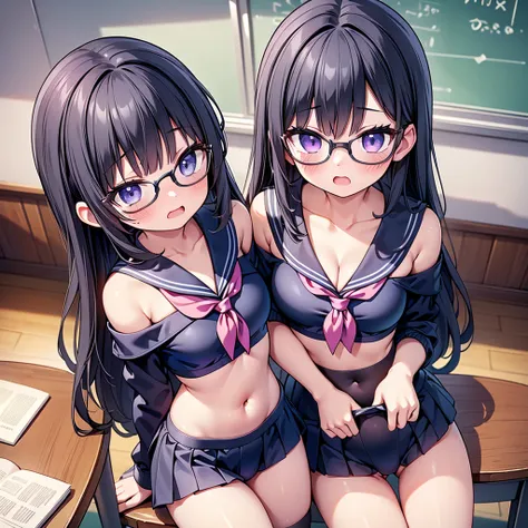 (cute eyes:1.2), (sparkling eyes:1.2), (8K、Best image quality、highest quality、masterpiece)、Detailed face、(2 girls)、Improve、(Black Hair, Purple Eyes, Glasses, long hair)、(open mouth), (embarrassed), (skinny body:1.3),(small breasts), (off shoulder sailor sw...