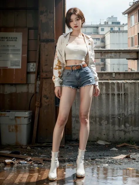 masterpiece,highest quality,High resolution,Full Body View,White jacket,Red innerwear,Belly button,Belted denim mini shorts,The heroine in white cowboy boots,Perfect Legs,Perfect Skin,Perfect Arms,Abdominal muscles,The background is an abandoned factory, s...