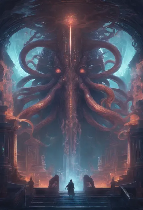 Cthulhu,Final Boss,Giant monster,Octopus-headed giant,A transparent brain,Dragon and skull motifs,Nightmares and Madness,Fog and illusion,Background of the sunken ancient temple，Very detailed,8k