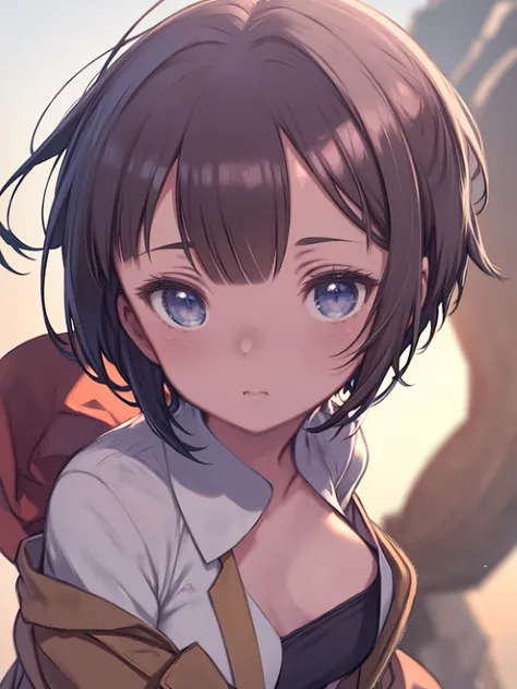 Anime girl with blue eyes and brown coat、(highest quality、32K image quality、masterpiece、Vatu))):1.2)、Medium Short Hair、Short braids、Beautiful Face、Extremely detailed、(Hunchback:1.3)、At sunset、squat、(From above:1.3)、(Close-up:1.4)、Little Curvy Beautiful Gir...