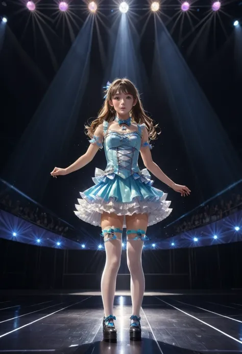 idol stage, idol dress, aesthetic, extremely detailed, masterpiece, best quality, tyndall effect, light beams, stage lights, 1gi...