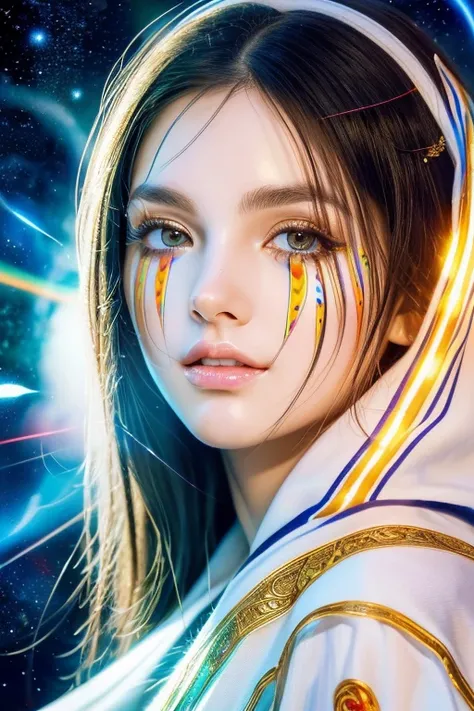 (masterpiece, highest quality, highest quality, Official Art, beautifully、aesthetic:1.2), (One girl), Highly detailed eyes, (Fractal Art:1.3), colorful, Most detailed, (Perfect Face), Shiny skin, High resolution, (White cloak, golden lines:1.2), Milky Way,...