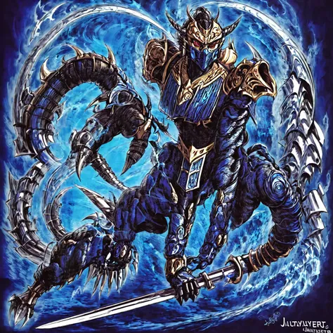 anime character with a sword and claws in a blue background, guyver style, yugioh art style, attack pose, yugioh style, bio - me...