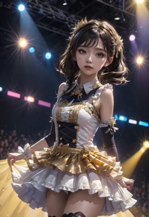 Idol Stage, idol dress, aesthetic, extremely detailed, masterpiece, best quality, Tyndall effect, light beams, stage lights, 1girl, solo, long hair, thighhighs, on stage, looking up, light scattering, volumetric lighting, spotlights, rays, atmosphere, octa...