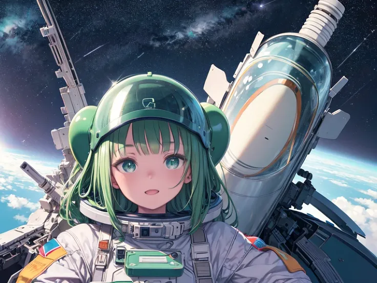 masterpiece、highest quality、High resolution、Very detailed、Beautiful eyeedium wide shot、Girl、Emerald green eyes、Sparkling eyes、astronaut、Spacewalk、Wearing a space suit、Full-face helmet、laughing、Looking up at the Earth、grow、