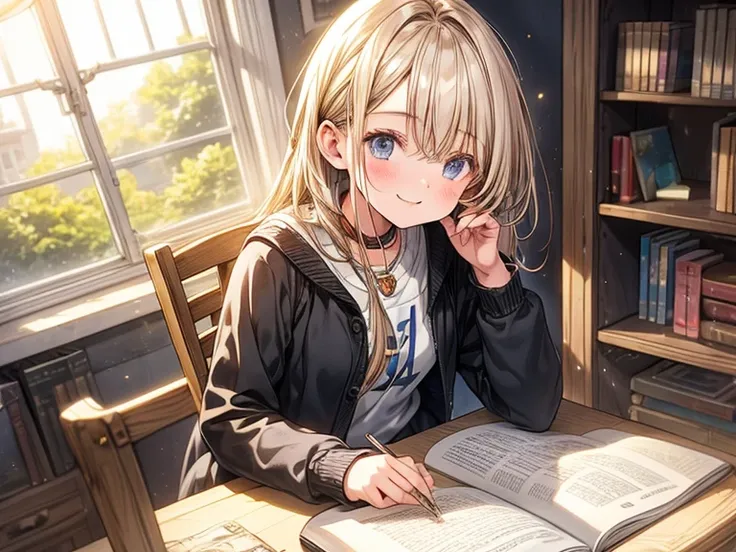 A 15-year-old anime girl happy, light hair, sits at her desk, surrounded by bookshelves filled with her favorite stories. The sunlight streams in through the window, casting a warm glow on her face as she dives into the pages of her latest read.