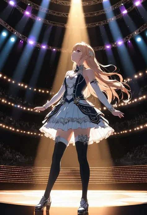 Idol Stage, idol dress, aesthetic, extremely detailed, masterpiece, best quality, Tyndall effect, light beams, stage lights, 1girl, solo, long hair, thighhighs, on stage, looking up, light scattering, volumetric lighting, spotlights, rays, atmosphere, octa...