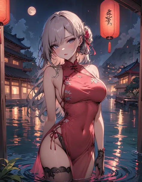 masterpiece, highres, the best, night, full moon, 1 adult woman, solo, standing in water, Chinese Architecture, cheongsam, red China lingerie, Royal sister, blushing, woman with long silver hair, light pink lips, fishnet stockings, calm, intellectuals, Thr...