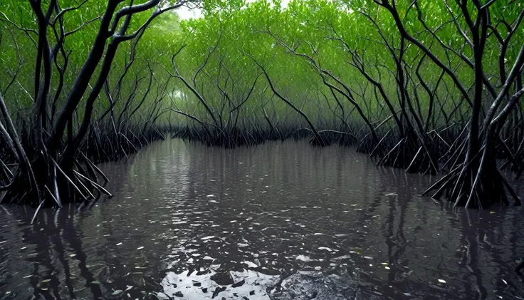 swamp full of mangrove trees, flooded land, raining, trees with black trunks and white leaves