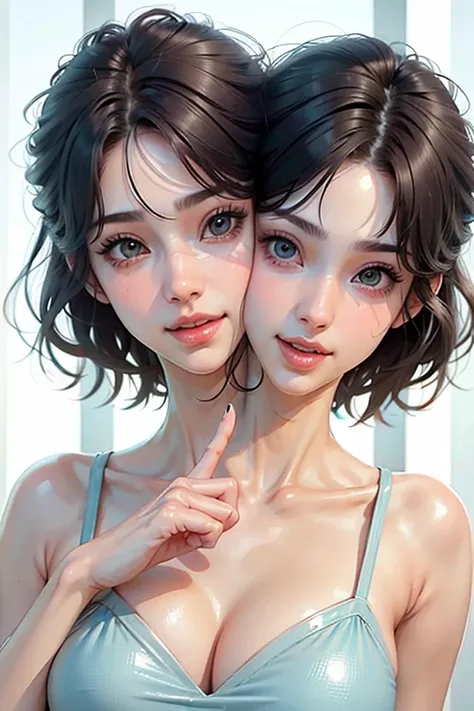 ((2heads:1.5)), (high-level image quality、high-detail、hightquality、hight resolution、Draw everything in high resolution)、Intense crystal light blue eyes、耳Nipple Ring、Look firmly at the camera、Put your ears out、Beautiful short black hair、Beautiful very short...