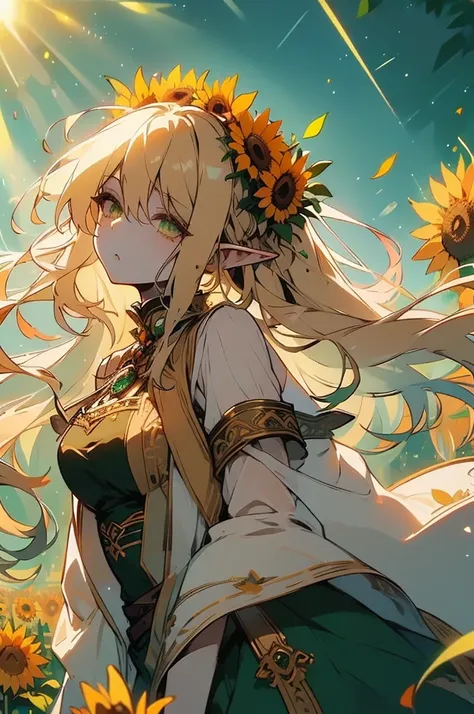 (masterpiece, best quality, highres:1.3), ultra resolution image, (1girl), (solo), kawaii, blonde hair, long flowing hair, elf, emerald eyes, gentle breeze, sunflowers, sunflower field, petal, sparkling magic, (soft sunlight:1.3), fantasy, nature accessori...