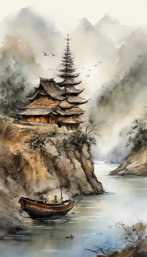 Landscape painting，ink and watercolor painting，water ink，ink，Dirt，Vision，Ultra-wide viewing angle，Scrupulous，A light boat in the distance，Vision，Scrupulous，wood，Dirt，Low Saturation，Low contrast，The light ship crossed Mt. Manju.，Beautifully drawn，Detailed，A...